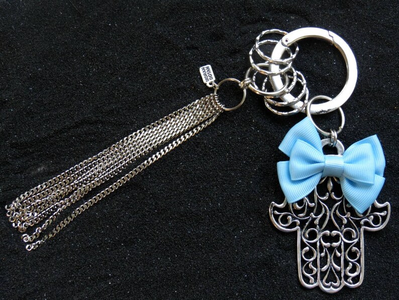 Blue Keychain Silver Keyring Bow Keychain Big Silver Keychain Hamsa Jewelry Silver Hamsa Keychain Keychains for Women Jewish keychain