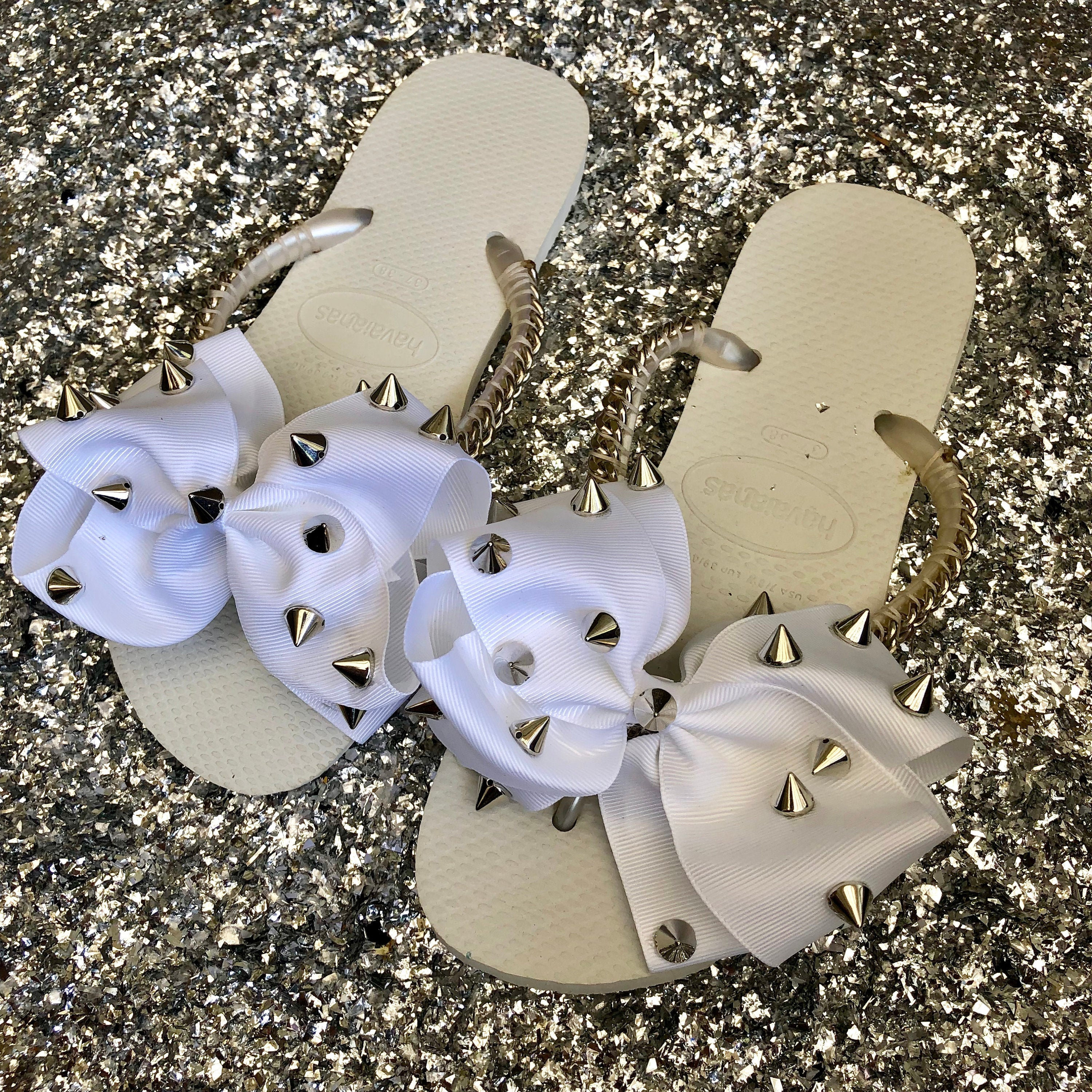 White Bow With Spikes Custom Handmade Designed Havaianas Flip Flops Sandals Etsy Canada
