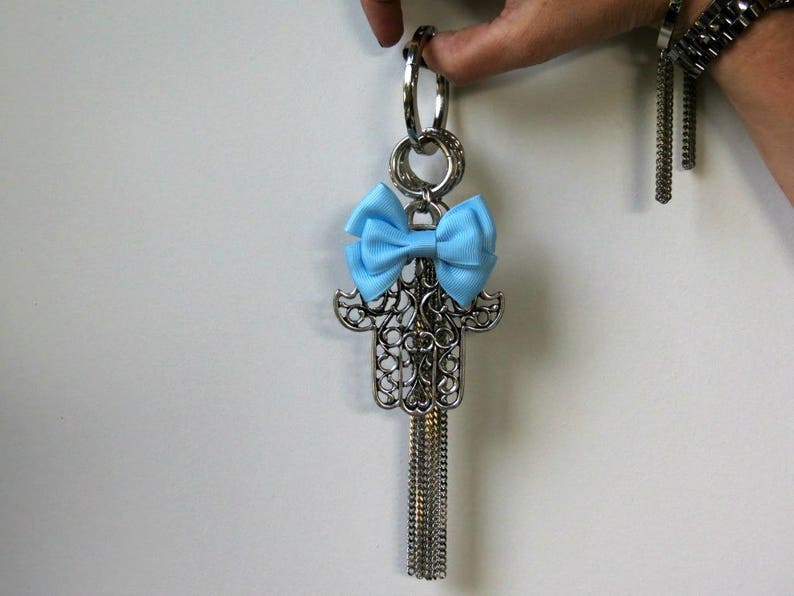 Blue Keychain Silver Keyring Bow Keychain Big Silver Keychain Hamsa Jewelry Silver Hamsa Keychain Keychains for Women Jewish keychain