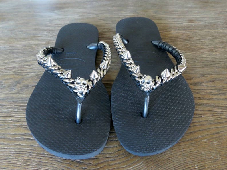 Black Flip Flop Beach Sandals Silver Girl Skull Sandals - Etsy