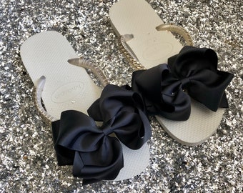 Black Bow Custom Decorated Handmade White Havaianas Flip Flops Sandals