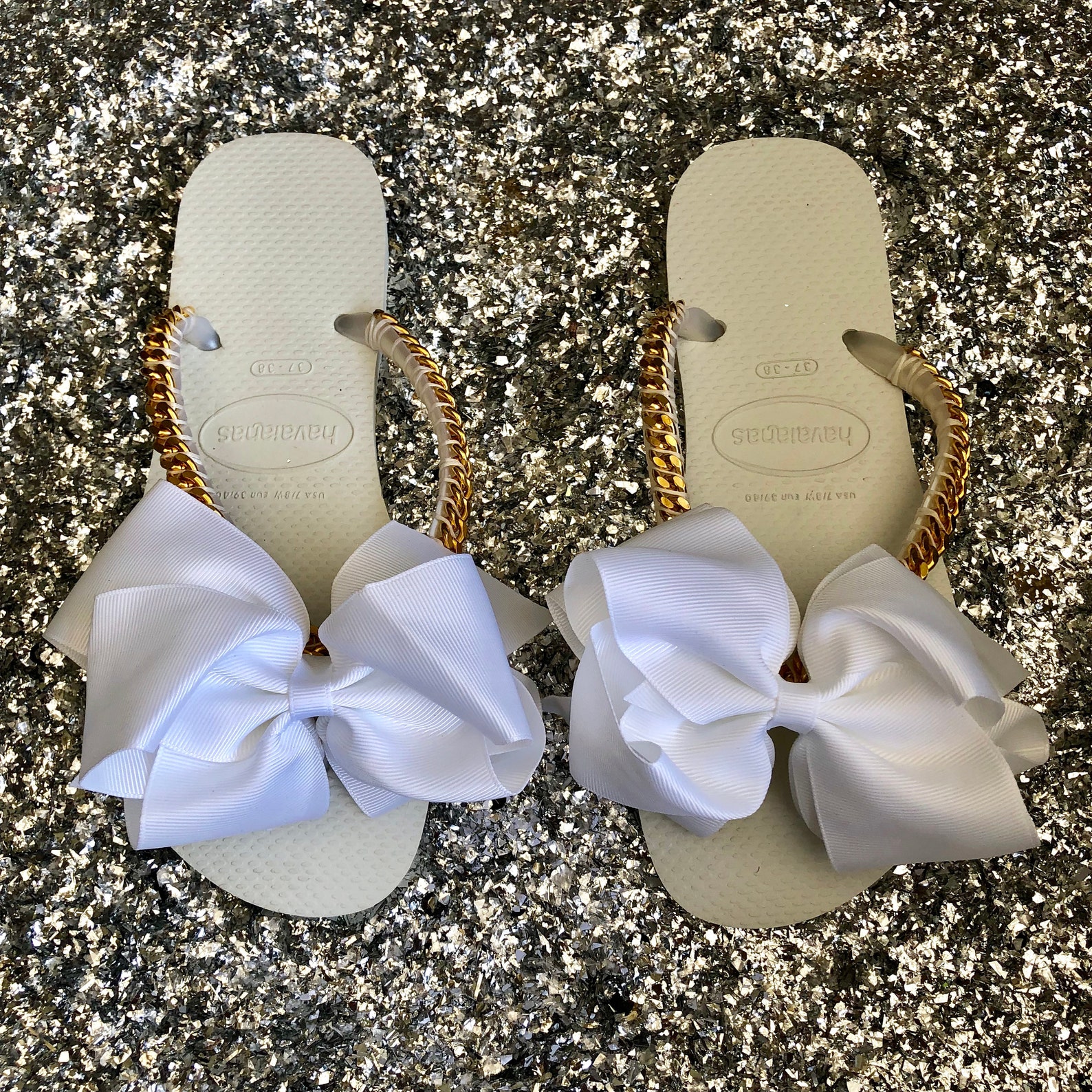 White Bow Havaianas Decorated Flip Flops Gold Curb Chain | Etsy