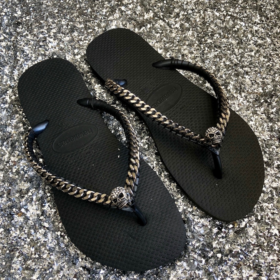 Black Decorated Havaianas Flip Flops Silver Curb Chain | Etsy