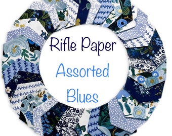 42 Precut hexagons Assorted Blues Rifle Paper Co. Fabrics English Paper Piecing