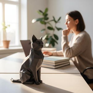 Peut inclure: Une sculpture de chat géométrique gris foncé est posée sur un bureau de couleur claire. Le chat a un design à facettes et est en position assise. L'arrière-plan comprend une fenêtre, un ordinateur portable et une personne.