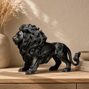 May include: A matte black lion figurine standing in profile, featuring highly detailed, swirling, and ornate fur textures throughout its mane, legs, and tail. The sculpture is depicted in a sturdy, alert stance with a focused expression, showcasing intricate craftsmanship.