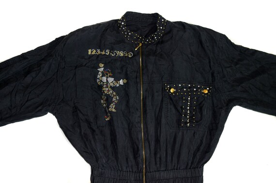 Vintage Disco Jumpsuit Women Suit 100% SILK Black