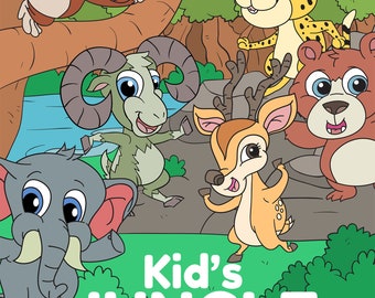 May include: A colorful illustration of a jungle scene with a monkey, cheetah, ram, deer, and elephant. The text "Kid's JUNGLE MEGA ACTIVITY KIT" is at the bottom of the image.