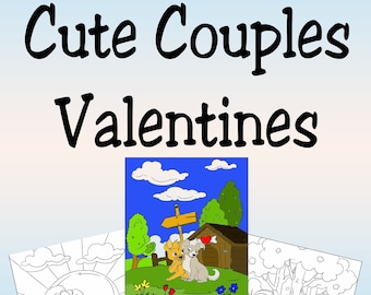 May include: A coloring book titled "Cute Couples Valentines" with illustrations of romantic scenes. The cover features the title text and three sample coloring pages with images of animals in love. The background is a gradient of light blue.