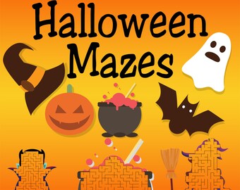 May include: A children's puzzle book cover with the title "Halloween Mazes". The cover features Halloween-themed illustrations, including a pumpkin, witch's hat, cauldron, bat, and ghost. The background is orange and yellow.