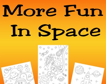 May include: A black and white coloring book with three images of astronauts and spaceships in space. The book cover has the title "More Fun In Space" and the text "aMazing Children's Colouring Children's Colouring Book".