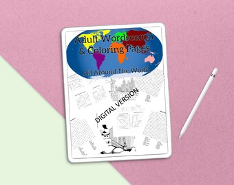 Puzzle di ricerca di parole e libro da colorare sui viaggi nel mondo (download digitale)