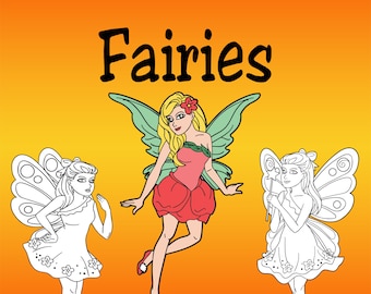 May include: A coloring book featuring three fairies with wings. The fairies are outlined in black and ready to be colored. The book cover has the title "aMazing Children's Colouring Children's Colouring Book Fairies".