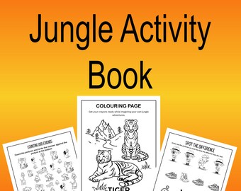 May include: A black and white coloring book for children featuring a jungle theme. The cover includes the title "Jungle Activity Book" and a tiger illustration. The inside pages include activities like counting, spot the difference, and a coloring page.