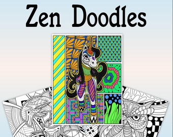 May include: A coloring book with the title "Zen Doodles" and a colorful illustration of a unicorn with a skull face. The book includes three pages with black and white illustrations of a unicorn, a dolphin, and an owl.