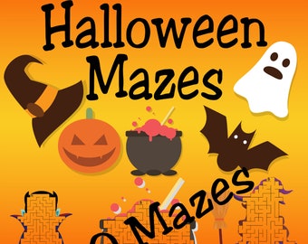 May include: A children's Halloween-themed puzzle book cover with the title "Halloween Mazes". The cover features a witch's hat, jack-o'-lantern, cauldron, bat, and ghost. The background is orange and yellow.