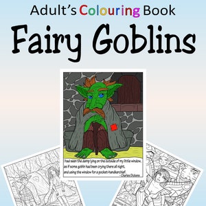Puede incluir: Un libro para colorear titulado "Fairy Goblins" con ilustraciones de hadas y duendes. La portada presenta el texto "aMazing Adult's Colouring" y "Adult's Colouring Book". El libro incluye citas de Charles Dickens y William Butler Yeats.