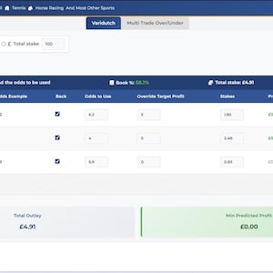 Peut inclure: Capture d'écran d'une interface d'outil de paris, avec un thème bleu et blanc. L'interface affiche des options pour sélectionner les cotes, les mises et les bénéfices prévus. Le texte comprend "Varidutch", "Calculer" et "Ajouter une sélection".