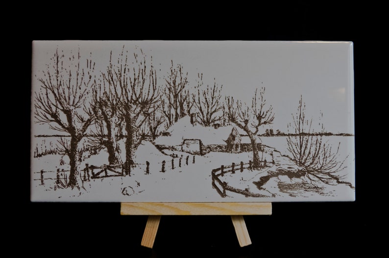 Plaque Art Winter Scene Laser Engraving Etching Ceramic Tile Gloss White With Brown Snow Country 8 5 In X 4