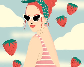 Strawberries N' Cream, Digital Art Print, Female Portrait, 60s vibe, Retro, Vintage, Clouds