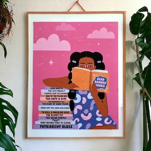 Read Banned Books Art Print | Female Illustration | I Read Banned Books | Anti-Racism | CRT | Feminism | LGBTQ+ | Pink | Books | Library