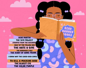 Read Banned Books, Digital Art Print, Female Portrait, Feminist, Trans Rights, LGBTQ Rights, Intersectional-Feminism, Anti-racism