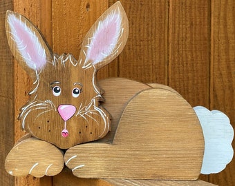 Cute 1980's Vintage 10" Long Wooden Hand Painted Bunny Rabbit Cutout - 3D Pink & White Easter Bunny