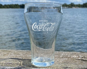 DRINK Coca-Cola / ENJOY Coke Soda Fountain Bell-Shaped Glass - Tumbler Bottle-Shaped Print Script Cursive Logo White Lettering