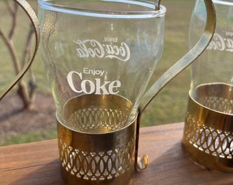 4 Rare Vintage Brass Tone Metal Holders and 4 Coke Glasses Soda Mug Mid Century Coca-Cola Clear White Letters Coca Cola Coke Bell-Shaped
