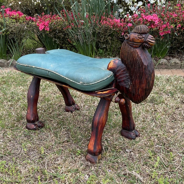 Vintage Camel Leather Saddle Stool - Hand Carved Wooden Camel with Leather Cushion Mid Century Foot Rest Bench Ottoman Dark Wood with Green