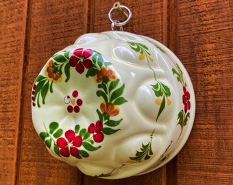 Yellow Hand Painted Porcelain Mold Wall Hanging - Round Dome with Flowers - Kitchen Wall Decor Collectible Thanksgiving