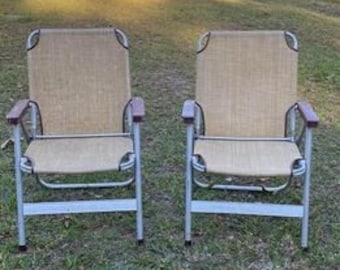 Pair of Vintage Folding Camping Beach Chairs Lightweight Aluminum Folding Captain Chairs