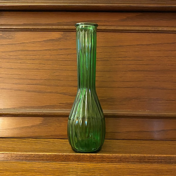 1960's Emerald Green Pressed Glass Bud Vase - Ribbed Panel 4034 - 9" Tall - Flat Rim and Round Bottom - Clear