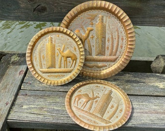 Vintage Hammered Brass Moroccan Plates – Camel, Palm Tree, Tower Trays