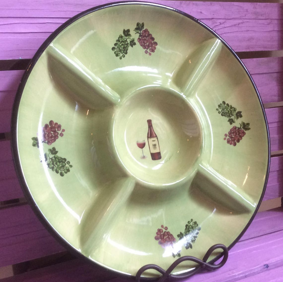 Large Round Divided Serving Tray Platter Plate Wine Grapes Etsy