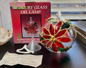 Poinsettia Mercury Glass Oil Lamp w/ Two Wicks & Funnel for Oil NEW In Box