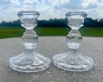 Vintage Pressed Glass Tapered Candle Holders Faceted Stem Patterned Base Table Decor or Centerpieces