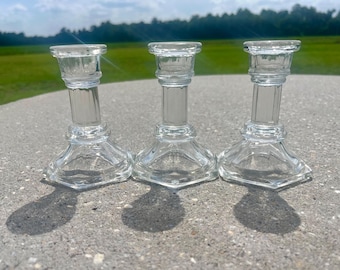 3 Tapered Candle Holders F.T.D.A. Sturdy Hexagonal Base Pressed Glass Ribbed Stem with Hexagonal Base