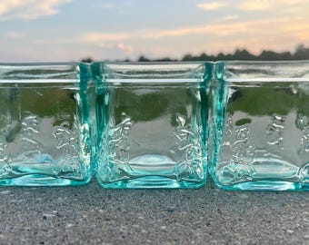 Three Vintage Square / Cubed Candle Holder ~Ivy Leaf Embossed ~ Light Blue Green Color / Votive