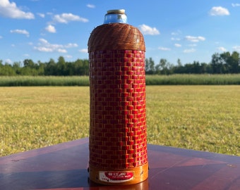 Vintage Red Wicker Thermos: Asian Insulated Bottle, 1960s Decor