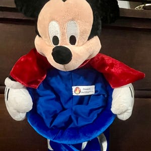 May include: A plush Mickey Mouse stocking with a red cape and blue wizard hat. The stocking features white gloves and a black nose. The hat has silver star accents and a Disneyland logo.