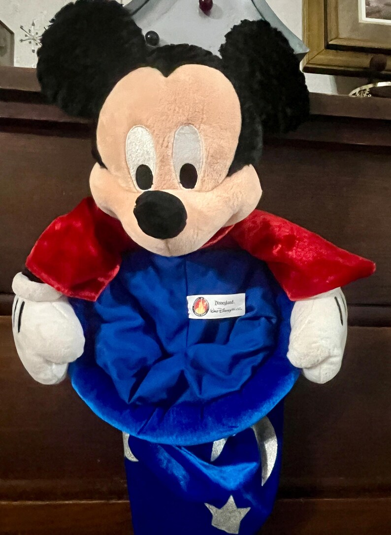 May include: A plush Mickey Mouse stocking with a red cape and blue wizard hat. The stocking features white gloves and a black nose. The hat has silver star accents and a Disneyland logo.