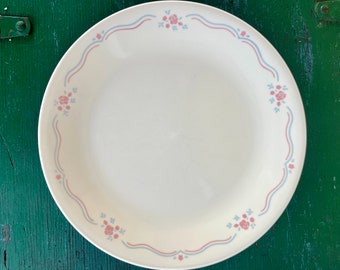 Plato 8.5" Desayuno Inglés Almuerzo Ensalada Platos Vintage 1990 Corelle Corning Beige w/Flores Azules Rosas Líneas Redonda Malva 8.5" Plato