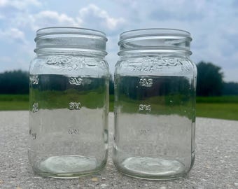 2 Vintage Mason Jars Typically Used For Canning - Embossed Volume Markings for 1/4   1/2  and  3/4 Measurements On The Glass and MASON