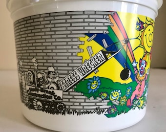 Stress Wrecker Study Break Construction Co. 1993 Campus Fund Raiser Clown Container Vintage Plastic Container Lid & Handle Lots of Character