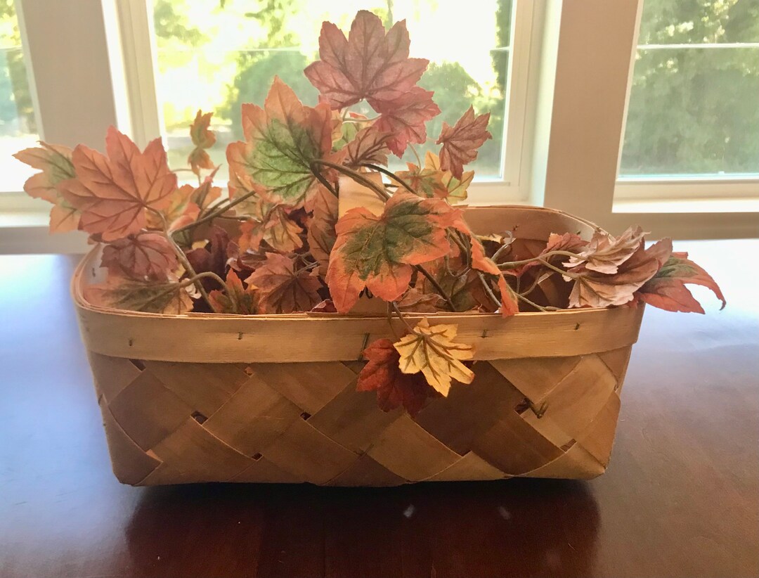 Vintage Woven Wood Harvest Basket With Fall Leaves Fall Basket Etsy