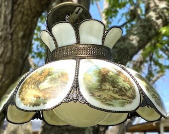 Vintage JC Van Hunnik 8 Panel Ceiling Chandelier Swag Pendant Slag Glass Tulip  Lamp Shade Light Fixture with Glass Globe - Nature Farm