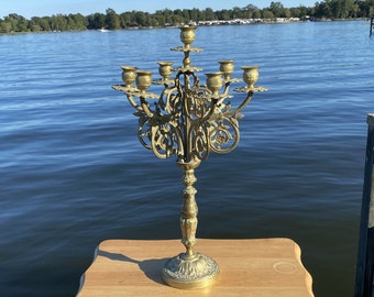 Large 7 Arm Vintage Brass Taper Candelabra Ornate - Centerpiece 22.5" Tall & Heavy - Flowers Floral Scrolls