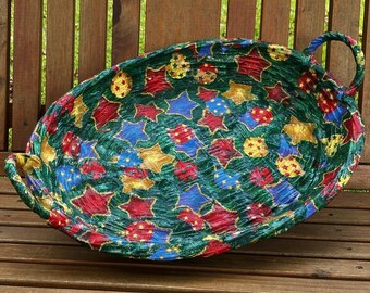 Christmas Large & Sturdy Covered Basket Tray w/ Handles - Decoupage Paper Mache Wicker - Christmas Tree Ornaments Stars Holiday Decor