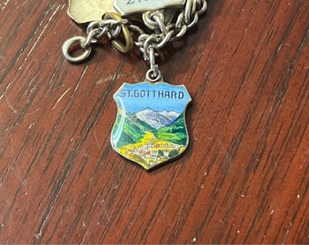 Vintage St. Gotthard Enamel Travel Charm Bracelet Silver Shield